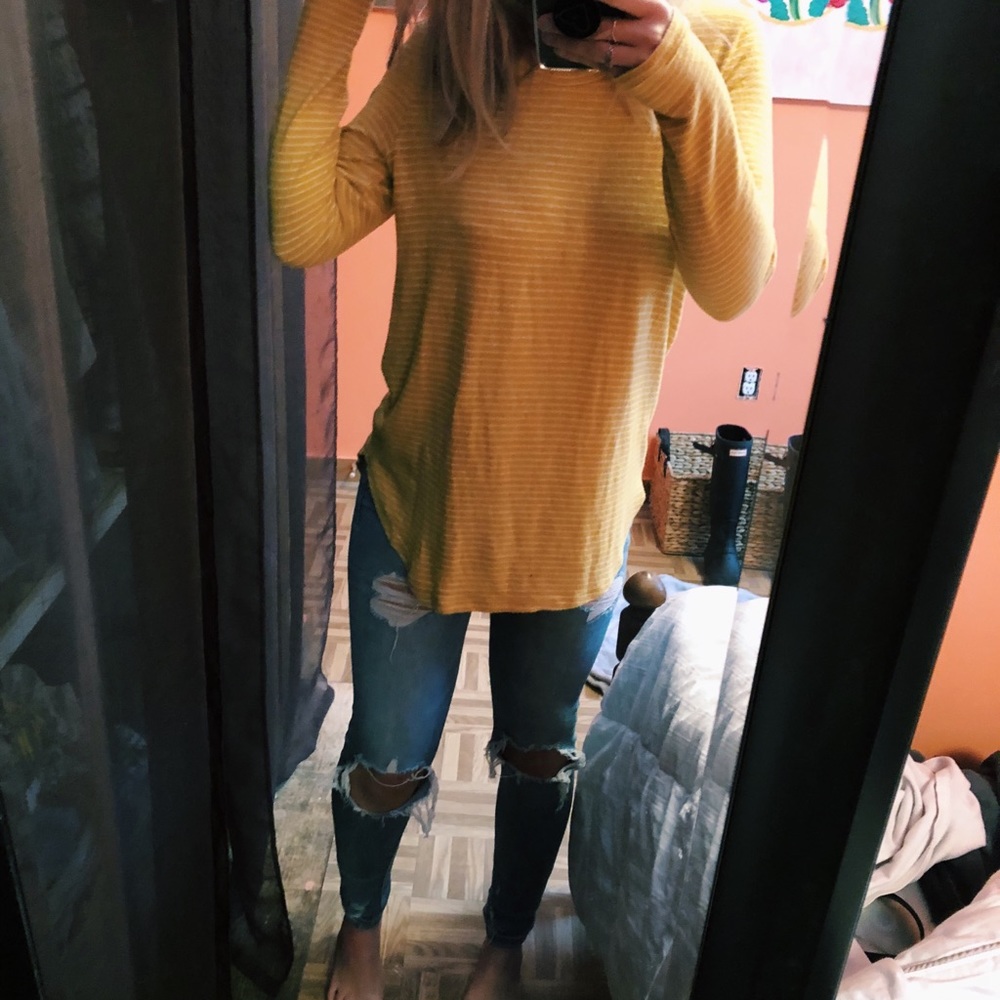 Yellow Long Sleeve with Thin White Stripes